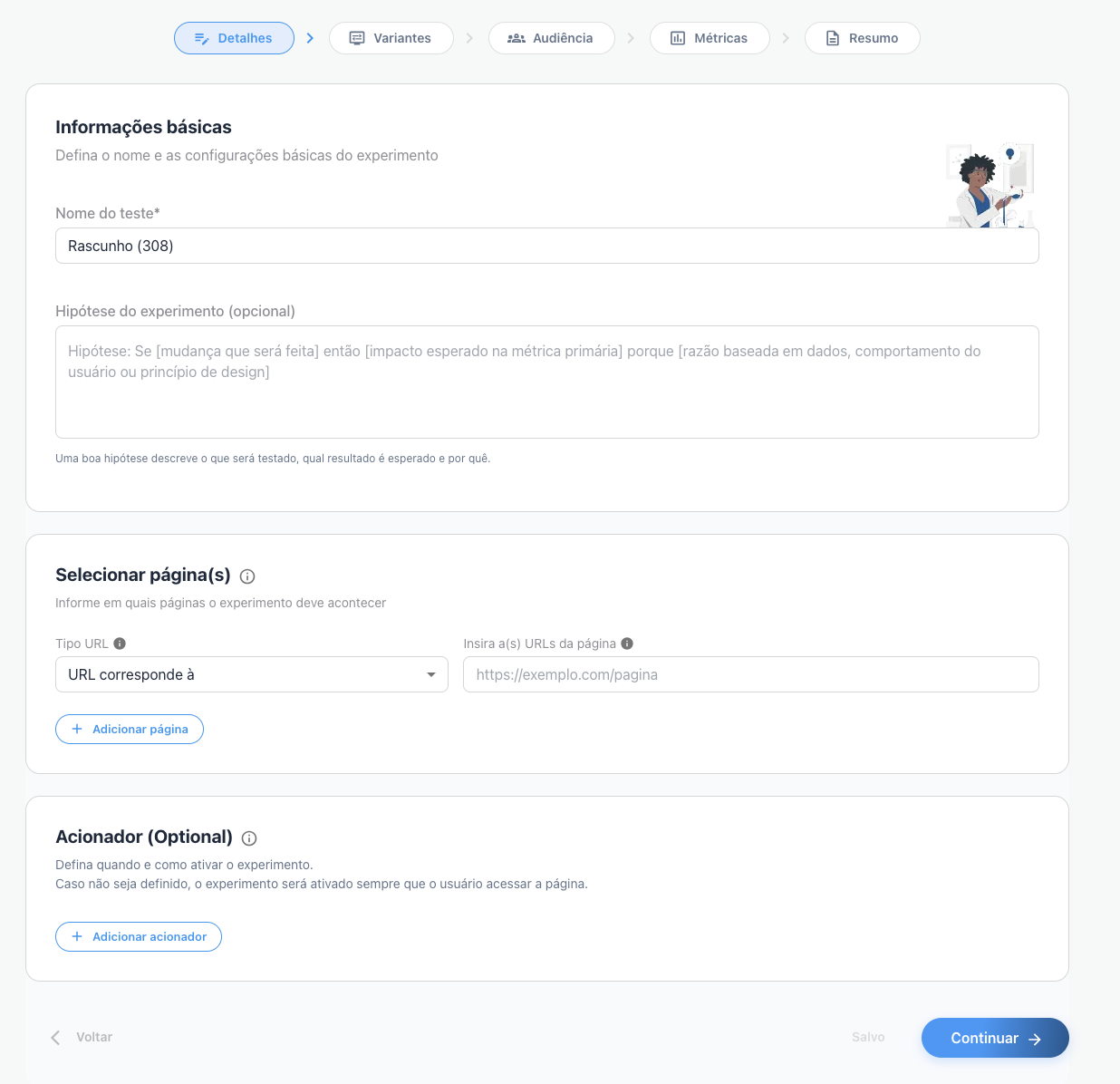 Etapa 1 — nome do teste, hipótese e local onde o experimento roda