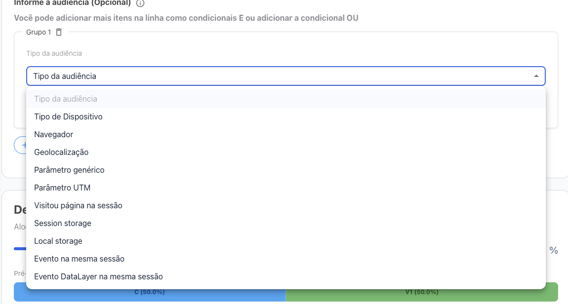 Tipos de audiência disponíveis na lista